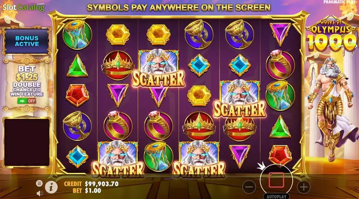 Кадр бонуса Gates of Olympus 1000: четыре scatter и надпись BONUS ACTIVE