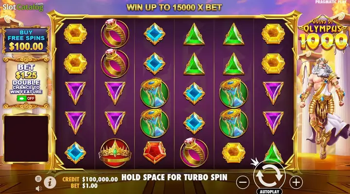 Кадр Gates of Olympus 1000 с надписью WIN UP TO 15000 X BET